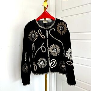 Vintage Black Cardigan Sweater Embroidered Floral XL Cottagecore Boho Whimsy Y2K